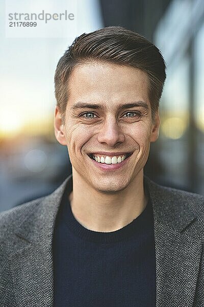 Trendy handsome happy man stay at street in gray coat and blue sweater