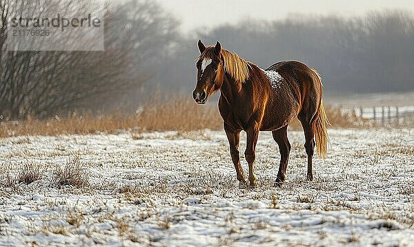 Ein braunes Pferd steht auf einem Schneefeld. Das Pferd blickt nach rechts. Die Szene ist friedlich und heiter KI erzeugt  KI generiert