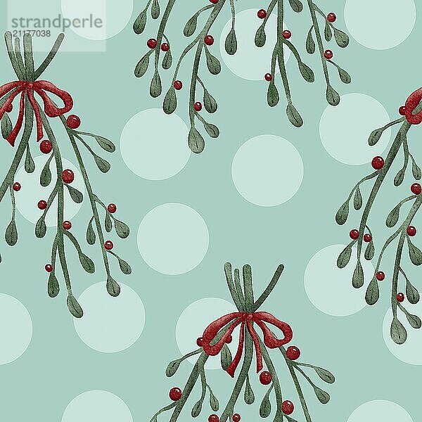 Mistletoes and berries with polka dots Christmas floral decoration watercolour painting  seamless pattern design illustration on blue background