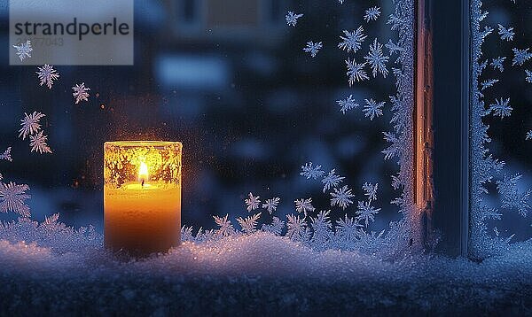 Eine Kerze wird vor einem Fenster angezündet  während draußen Schneeflocken fallen. Die Szene ist gemütlich und warm  wobei die Kerze ein sanftes Licht abgibt  das im Kontrast zu dem kalten  verschneiten Wetter draußen steht  KI generiert