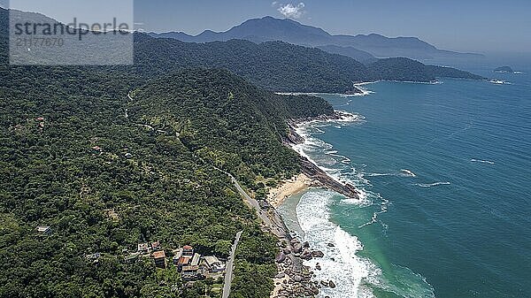 Aerial view to wonderful Green Coast shoreline and mountains covered with Atlantic Forest  Picinguaba  Brazil  South America