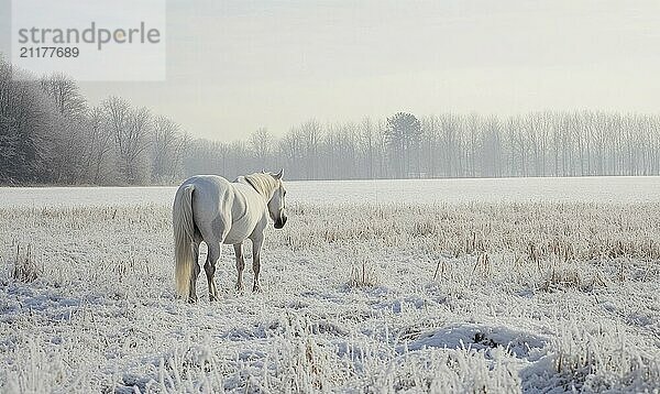 Ein weißes Pferd steht auf einem verschneiten Feld. Das Bild hat eine friedliche und heitere Stimmung  da das Pferd allein in der weiten  schneebedeckten Landschaft steht  die KI erzeugt  KI generiert