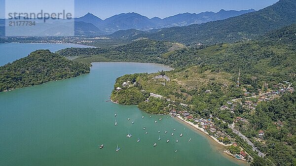 Panoramic aerial view of the coast near Tarituba with wonderful bays  islands  green mountains and beaches  Green coast  Brazil  South America