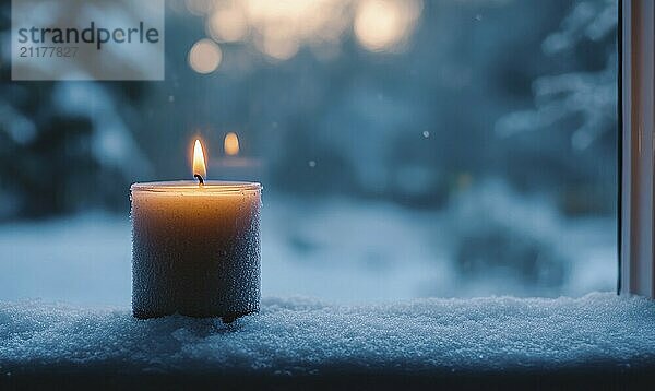 An einem verschneiten Tag wird eine Kerze in einem Fenster angezündet. Die Kerze ist von Schnee umgeben und das Fenster ist mattiert. Die Szene ist friedlich und heiter  mit der Kerze  die eine warme und gemütliche Atmosphäre erzeugt AI  KI generiert