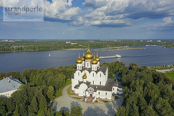 Aerial view of the Assumption Cathedral in Yaroslavl  park Strelka and Volga river