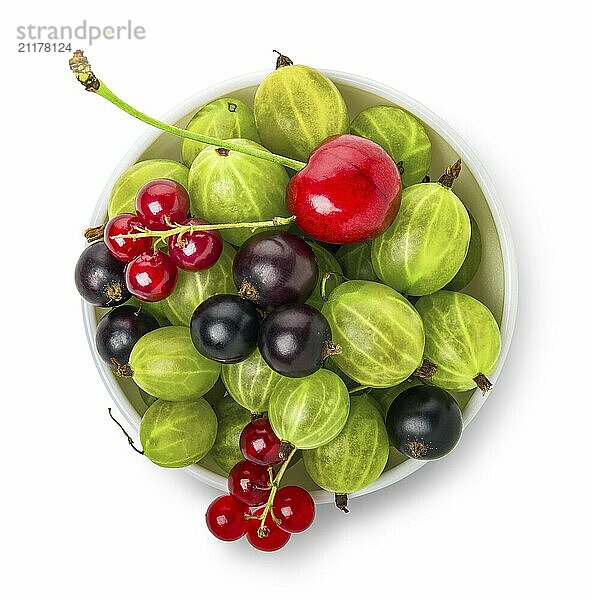 Berries in bowl isolated on a white background  top view