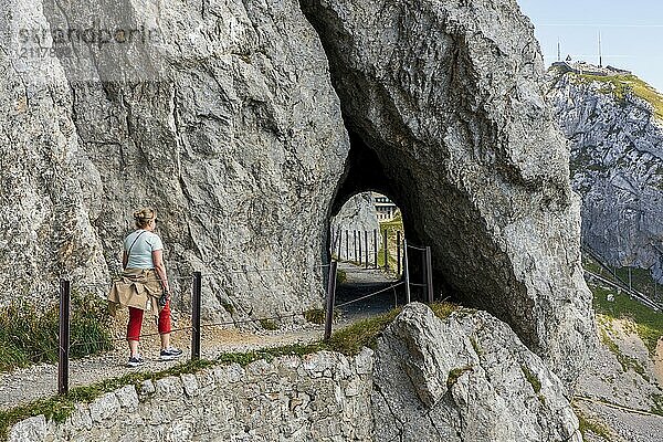 Mountain tourist on the Pilatus mountain on Lake Lucerne in Switzerland