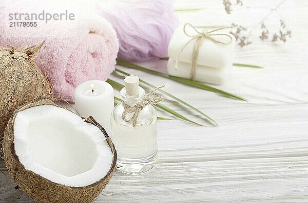 Body care Coconut oil soap and candle set on white table