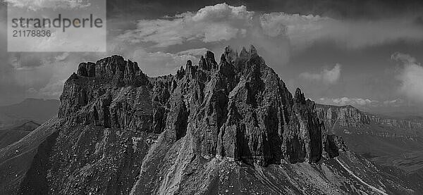 Aerial view on Mother-in-law teeth mountain with fantastic cliffs in Kabardino-Balkaria  Caucasus  Russia  Europe