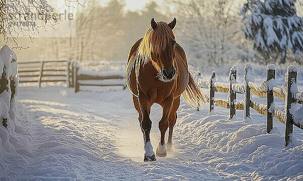 Ein Pferd läuft auf einem Weg durch den Schnee. Das Pferd ist braun und hat einen langen Schwanz. Der Schnee ist weiß und bedeckt den Boden. Die Szene ist friedlich und heiter KI erzeugt  KI generiert