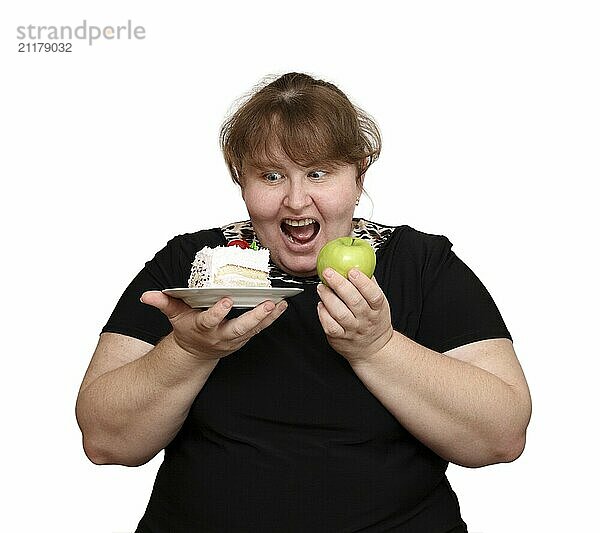 Dieting overweight woman choice isolated on white