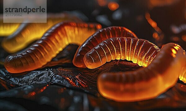 Close-up of vibrant orange gummy worms with a translucent texture on a black background AI generated