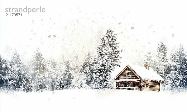 Eine Hütte im Wald mit Schnee auf dem Boden. Die Hütte ist klein und gemütlich  mit einer Veranda und einem Schornstein. Die Szene ist friedlich und heiter  mit den schneebedeckten Bäumen im Hintergrund KI erzeugt  KI generiert