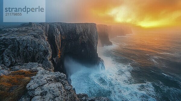 Cliffs overlook the ocean at sunset  with waves crashing below and the sky adorned in orange hues  AI generated