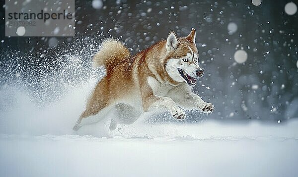 Ein Hund läuft mit wedelndem Schwanz durch den Schnee. Der Hund ist braun und weiß AI erzeugt  KI generiert