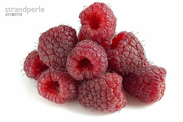 Bunch of raspberries isolated on white background. Fresh berries close-up