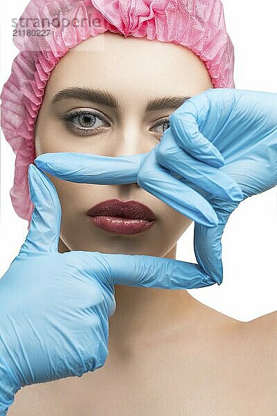 Girl in a disposable cap and gloves at plastic surgeon isolated view on white background