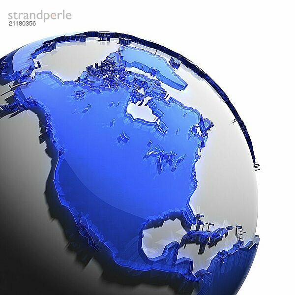 Ein Fragment der Weltkugel mit den Kontinenten aus dickem  facettiertem blauem Glas  das auf hartes Licht fällt und einen ätzenden Glanz auf Gesichtern erzeugt. vor weißem Hintergrund