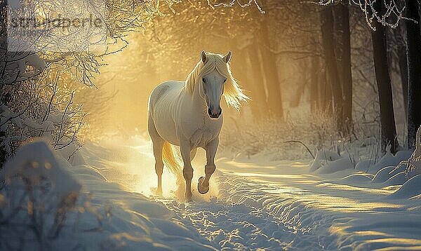 Ein weißes Pferd läuft durch den Schnee in einem Wald. Konzept der Freiheit und Freude  wie das Pferd galoppiert durch die Winterlandschaft KI erzeugt  KI generiert