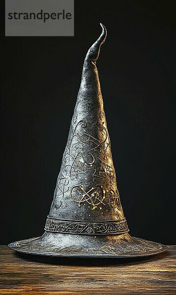 A grey wizard hat with intricate embossed designs and a pointy tip  set against a dark background  evoking a mystical and magical atmosphere AI generated