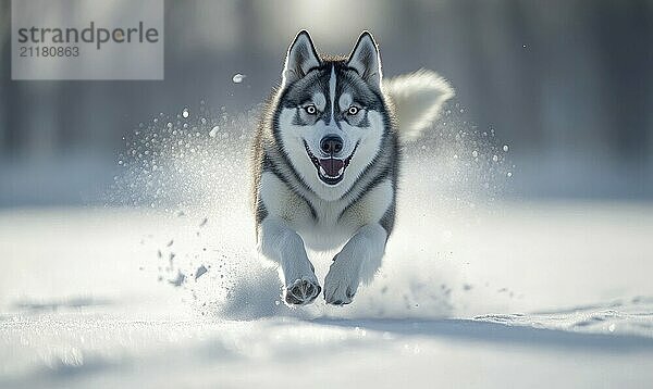 Ein Hund läuft mit herausgestreckter Zunge durch den Schnee. Der Hund scheint glücklich zu sein und genießt das kalte Wetter  das AI erzeugt hat  KI generiert