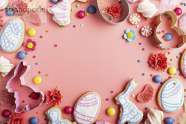 Easter cookies candies sugar sprinkles and cutters on pink background. Space for text