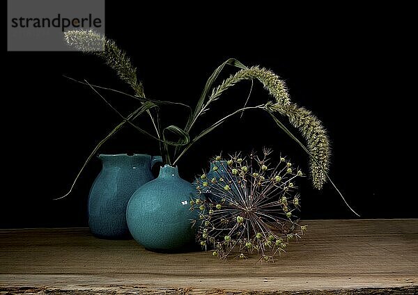 Still life with three blue vases  ears of corn and a flower of an onion bulb on a dark background with light from the right side