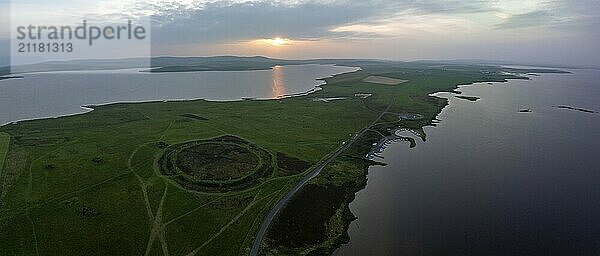 Ring of Brodgar  stone circle and ditch  Neolithic monument  UNESCO World Heritage Site  drone shot from outside the site  Mainland  Orkney Island  Scotland  Great Britain