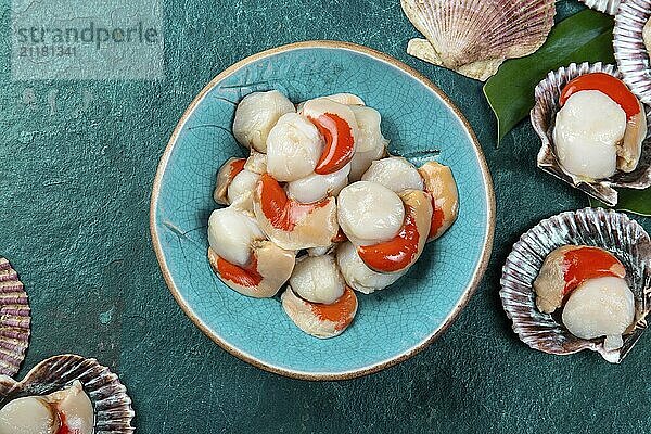 Food  Raw fresh seafood shellfish scallops on blue background