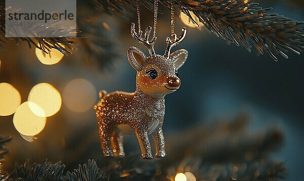 An einem Weihnachtsbaum hängt ein goldener Hirsch als Ornament. Der Hirsch sitzt auf einem Zweig und hat eine erhobene Nase. Die Szene ist festlich und fröhlich  mit dem Hirsch als Symbol für die Ferienzeit KI erzeugt  KI generiert