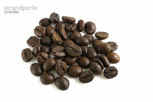 Bunch of roasted coffee beans isolated on white background