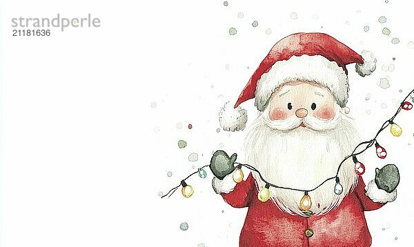 Eine Aquarellmalerei von Santa Claus hält eine Kette von Weihnachtsbeleuchtung. Das Gemälde hat eine festliche und fröhliche Stimmung  mit den hellen Farben der Lichter und das Rot und Weiß des Weihnachtsmannes Anzug AI erzeugt  KI generiert