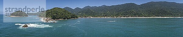 Aerial view panorama of wonderful Green Coast shoreline with islands  bays and mountains covered with Atlantic Forest  Picinguaba  Brazil  South America