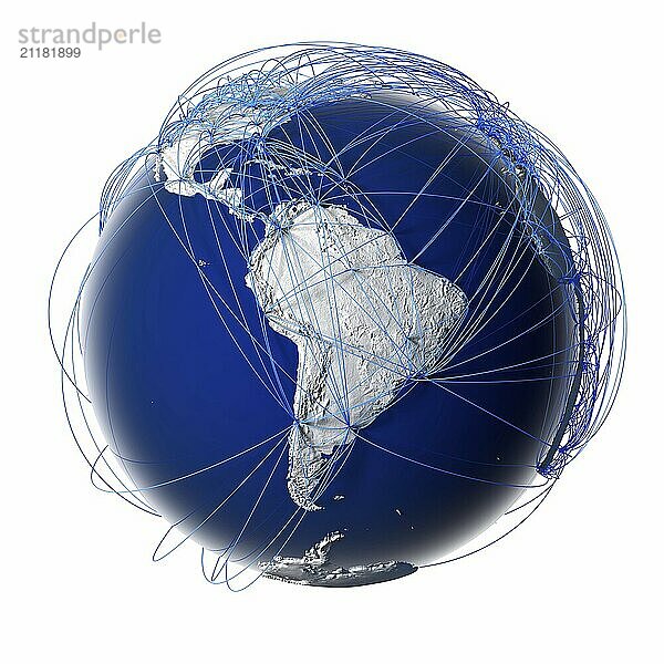 Erde mit stilisierten Kontinenten  umgeben von einem drahtgebundenen Netz  das den weltweiten Flugverkehr symbolisiert  der auf realen Daten über die Beförderung von Passagieren und Flugrichtungen beruht. vor weißem Hintergrund