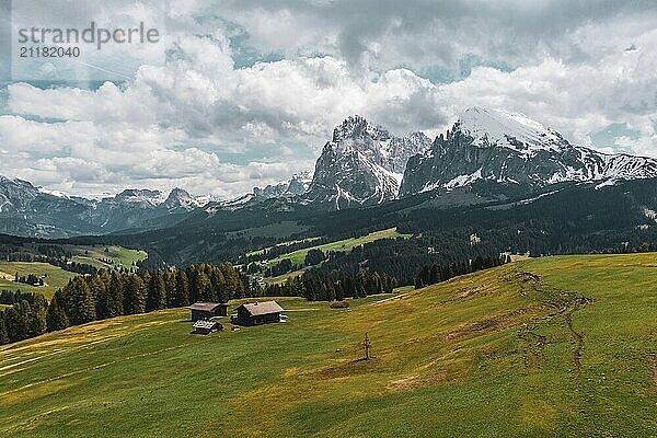 Panoramic view from the Seiser Alm to the Dolomites in Italy  drone shot