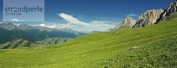 Beautiful summer aerial panorama landscape in Caucasus Mountains  Republic of Ingushetia  Russia  Europe