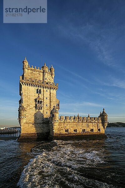 Belem Tower or Tower of St Vincent  famous tourist landmark of Lisboa and tourism attraction  on the bank of the Tagus River Tejo on sunset. Lisbon  Portugal  Europe