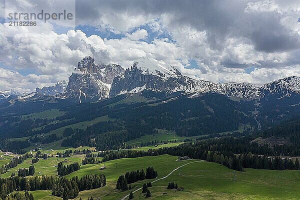 Panoramic view from the Seiser Alm to the Dolomites in Italy  drone shot