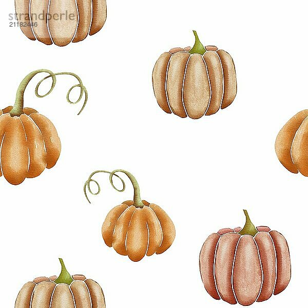 Orange  brown and pink hand drawn watercolor pumpkins on white  seamless repeating surface pattern design