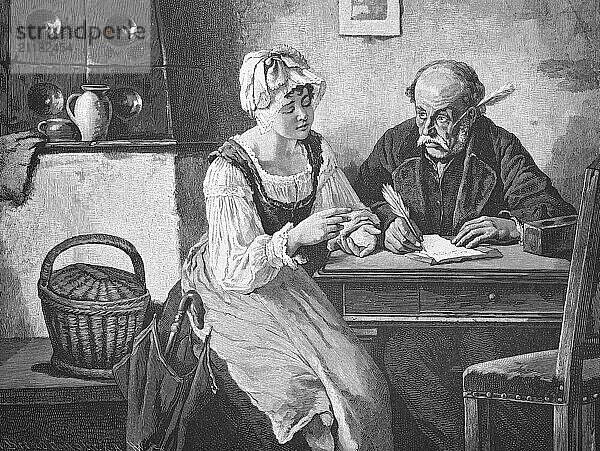 The difficult letter  father and daughter try to formulate a letter together  Historical  digitally restored reproduction from a 19th century original  around 1890  Record date not stated