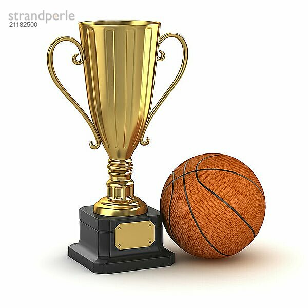 Golden cup and basketball  This is a 3d computer generated image. Isolated on white