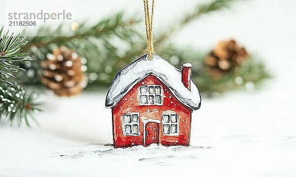 A red house ornament with a snow-covered roof sits on a white background. Concept of warmth and coziness  as the red house represents a home and the snow adds a touch of winter charm AI generated