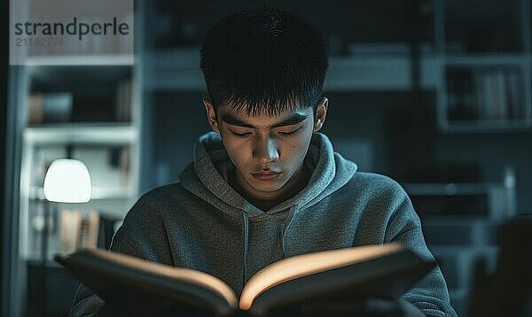 Young man with straight black hair  wearing a hoodie  deeply focused on a book AI generated