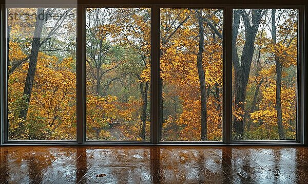 View from the large window on misty autumn landscape AI generated