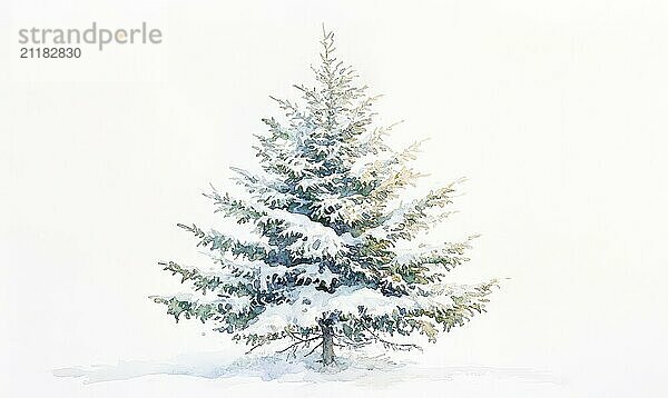 A snow covered pine tree stands tall in a white background. The tree is the focal point of the image  and the snow adds a sense of tranquility and serenity to the scene AI generated