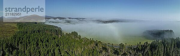 Coastal fog in the Scottish Highlands with hills  drone image  Broch of Ousdale  Berriedale  Scotland  Great Britain