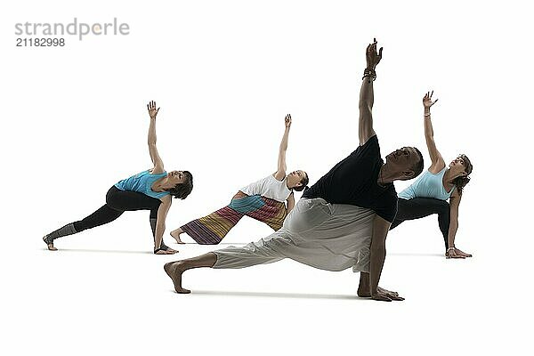 Group of people doing yoga exercises view isolated