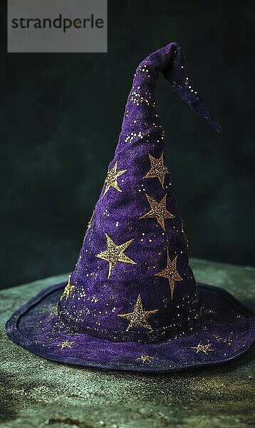 Purple wizard hat with golden stars against a dark background giving an enchanting appearance AI generated