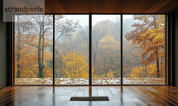 View from the large window on misty autumn landscape AI generated