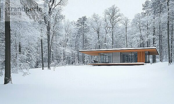 Ein kleines Haus ist von Bäumen und Schnee umgeben. Das Haus ist aus Holz gefertigt und hat ein Glasdach. Der schneebedeckte Boden und die Bäume schaffen eine friedliche und heitere Atmosphäre  die KI erzeugt  KI generiert